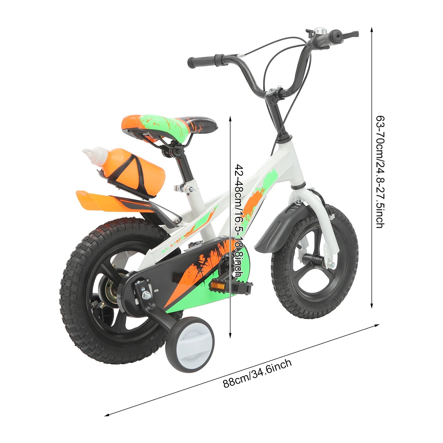 12 Inch Kids Bike Adjustable Beginner Children's Bicycle Load 50kg w/Training Wheels + Water Bottle for 2-5 Year Old, Blue/White