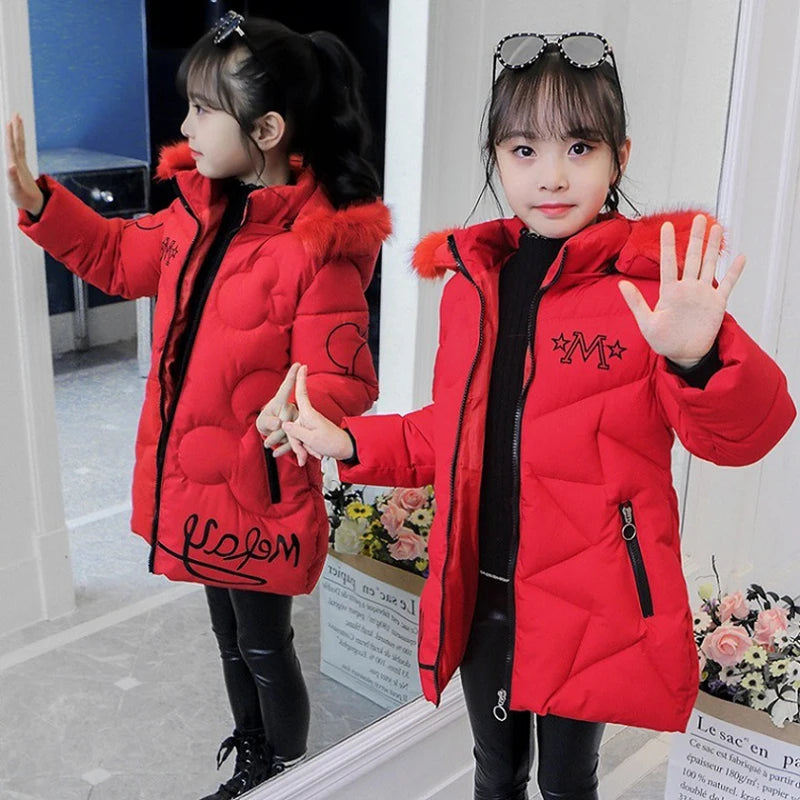 Big Size Winter Girls Jackets Keep Warm Thicken Christmas Coat Autumn Hooded Zipper Waterproof Outerwear Kids Clothes 3-12 Years