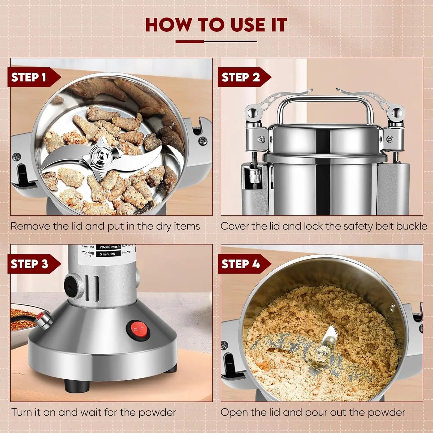 150g Mulino per farina elettrico 220V Grana di erbe Spezie Smerigliatrice per cereali, 28000r/min Smerigliatrice portatile Rettificatrice a 3 lame