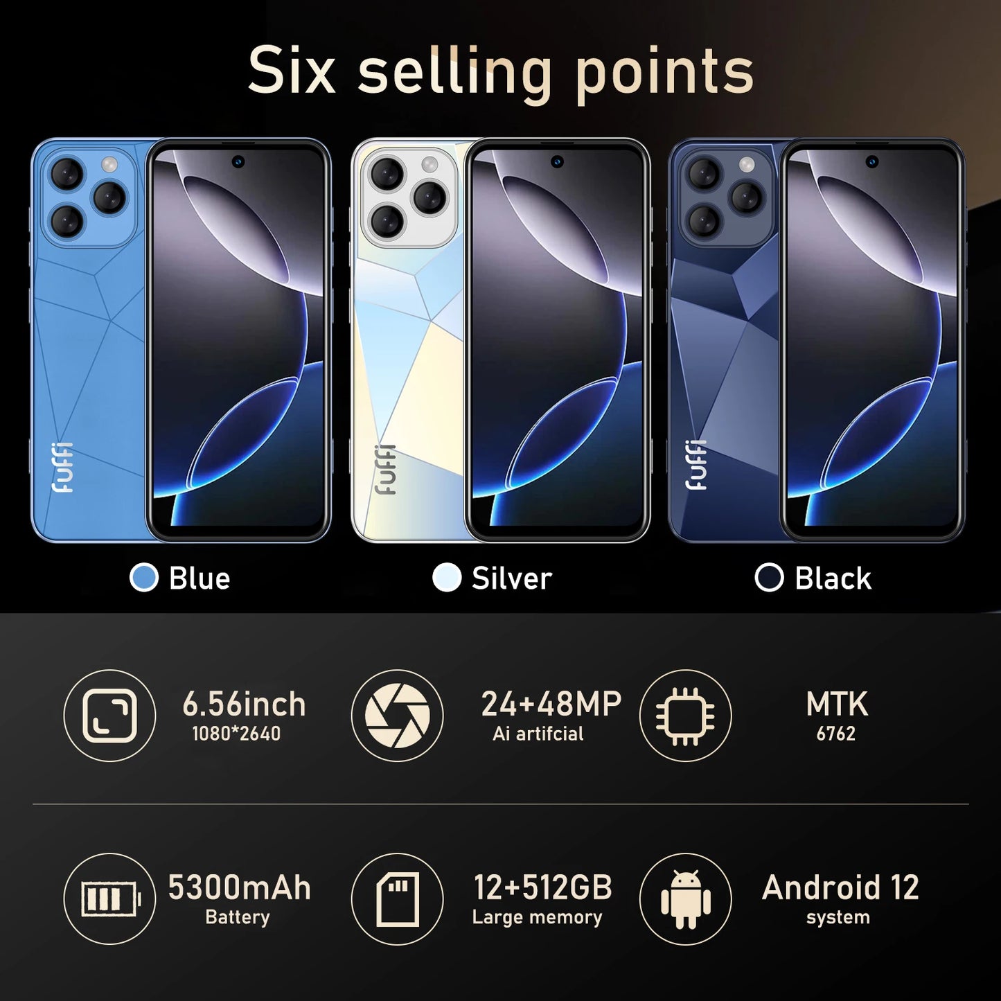 Global Vision I16 Pro Smartphone 5G Android 5300mAH 12GB RAM 512G ROM 6.56 pollici 1080x2640HD 24 + 48MP MTK10 4G Rete del telefono cellulare