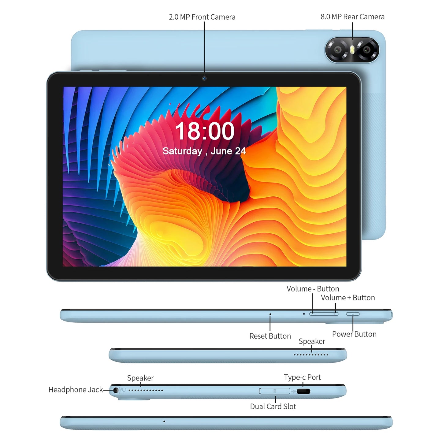 10.1" Android Tablet with Octa-core Processor 8GB(4+4GB Virtual) RAM 64GB ROM HD IPS Touchscreen, Wi-Fi 6, BT 5.0, Dual Camera