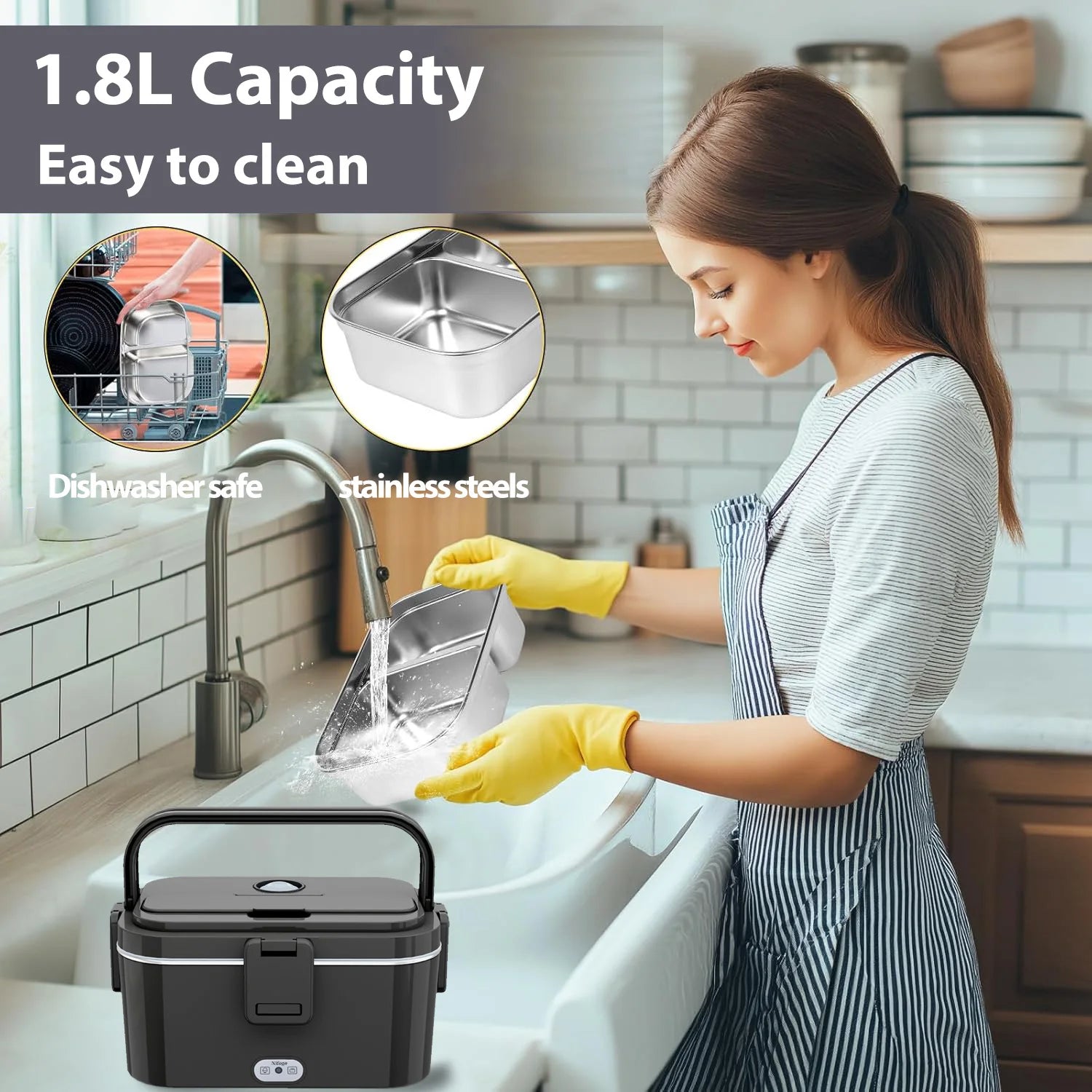 Lunch Box Elettrico Portatile 1.8L – Scalda Pasto 80W con Contenitore in Acciaio Inox 304, Uso Auto 12V/24V, Borsa Termica Inclusa