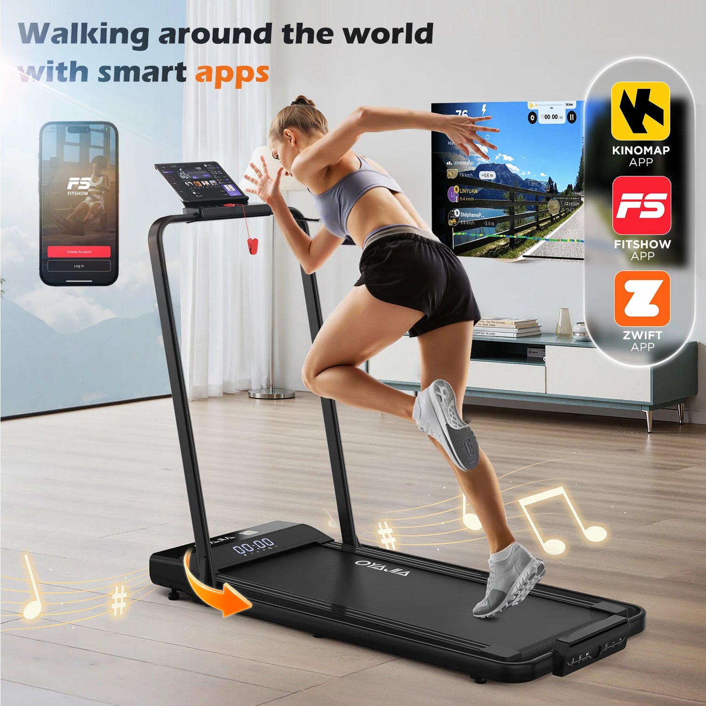 Treadmill with Remote, App & Button Control | LED Display | Safety Clip | Bluetooth Music | Quiet for Home/Office