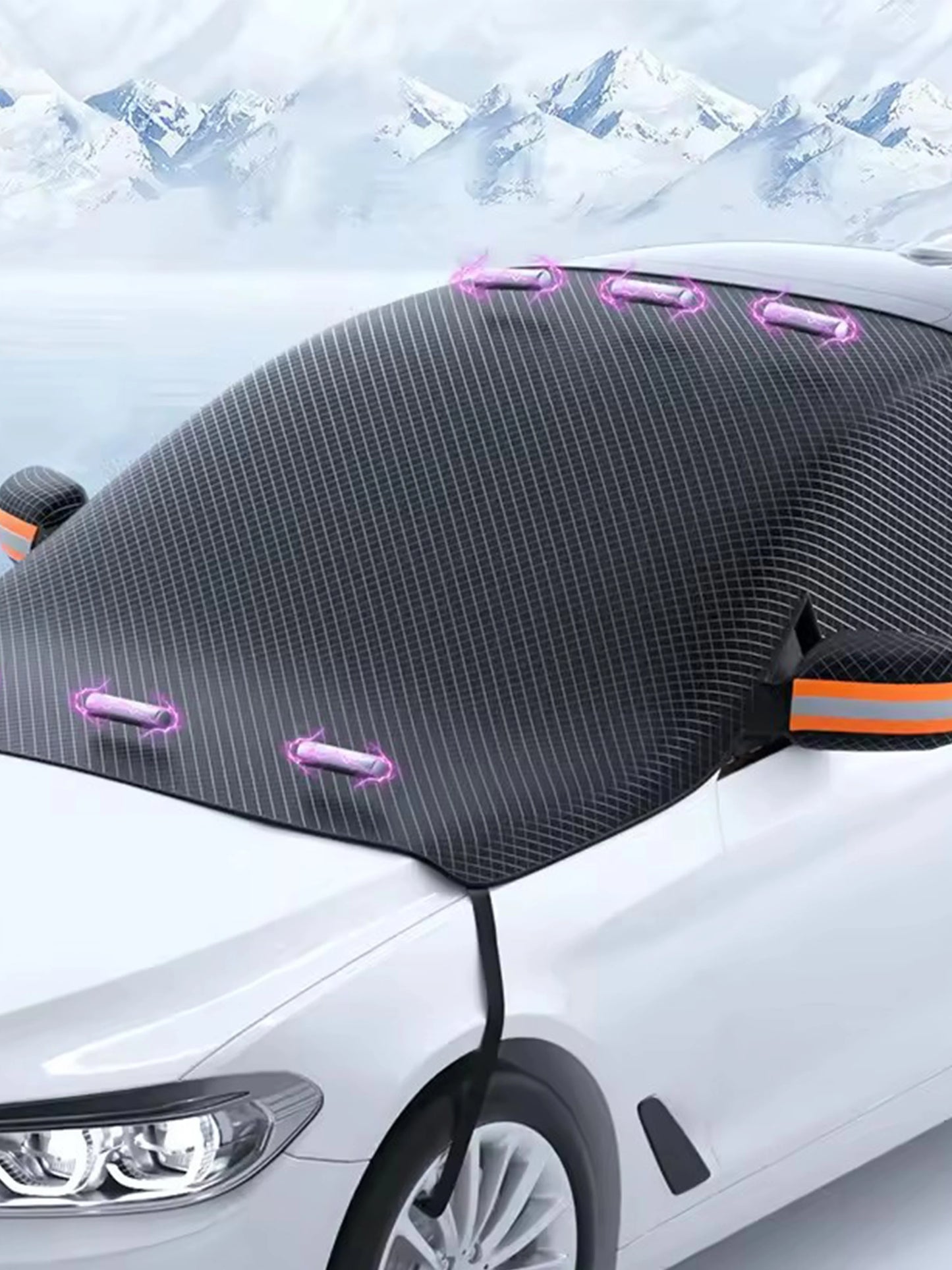 Car Half Cover Snow Shield 5 Magnetic Strips Thickened Waterproof UV Protection Sun Shade with Reflective Strips & Straps Auto E