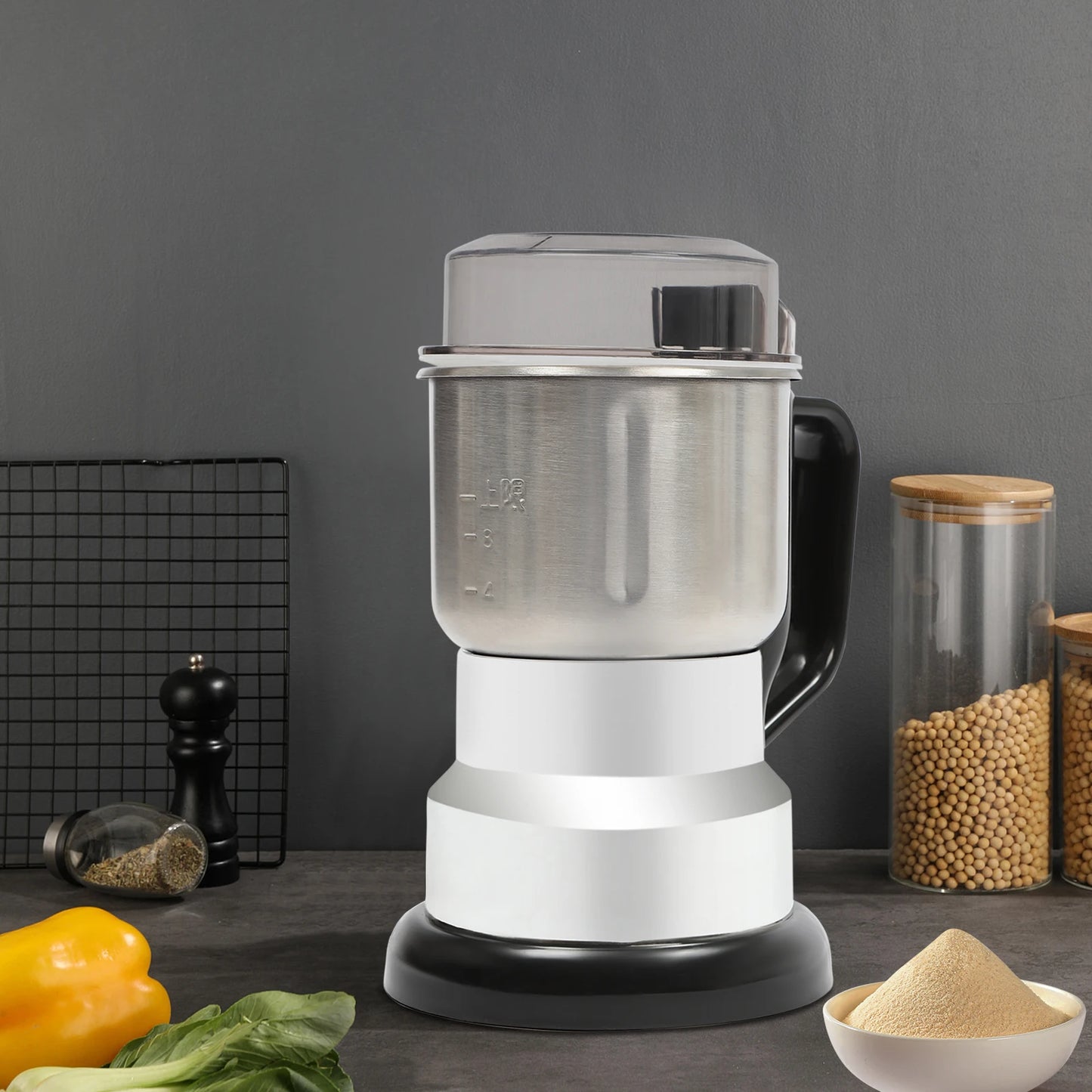 Macinacaffè Elettrico 300W, Macina Cereali e Spezie da 500ml con Cucchiaio e Spazzola, Base Antiscivolo per Casa e Snack Bar