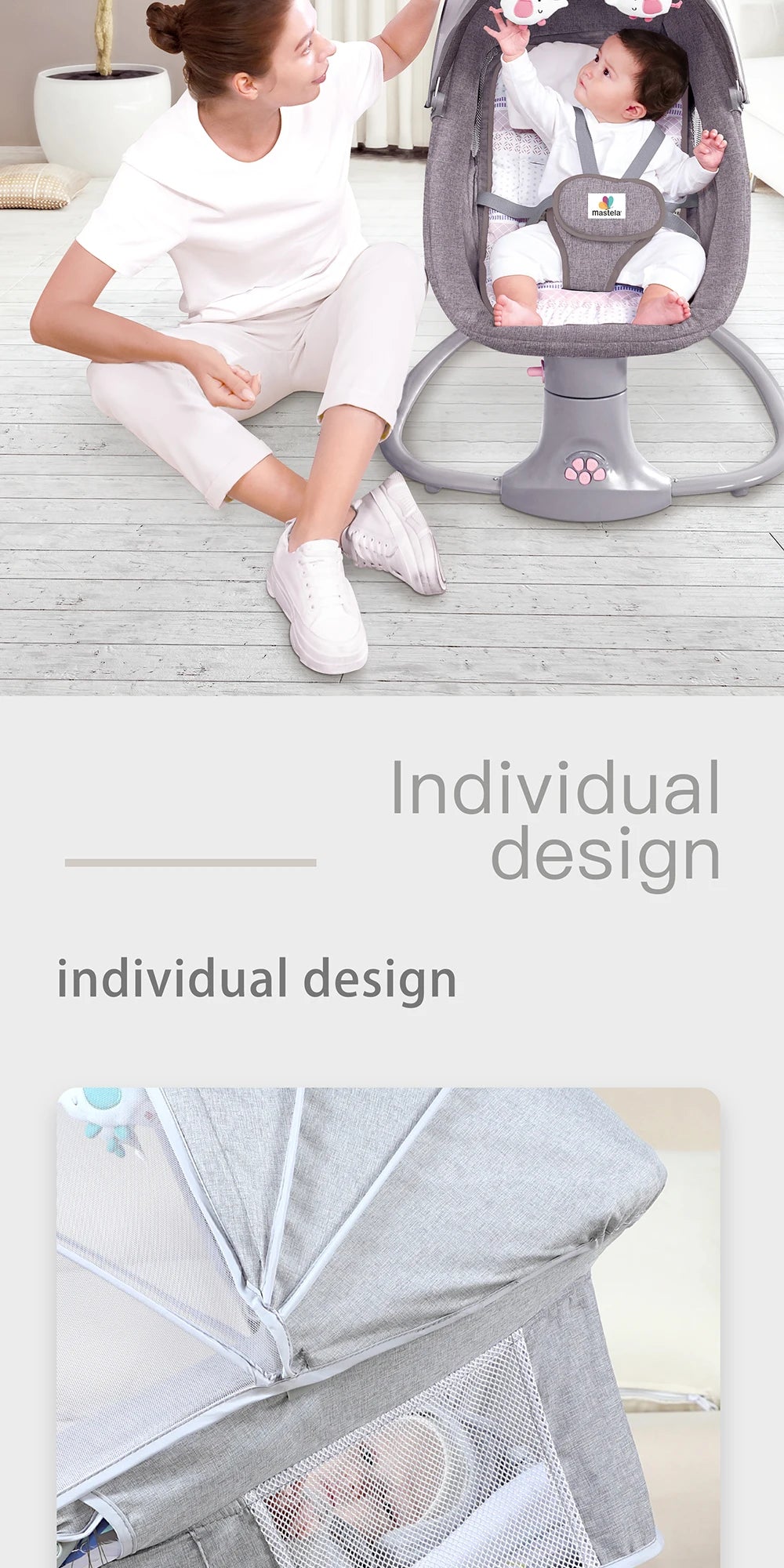 Culla Elettrica Bluetooth con Zanzariera - Sedia a Dondolo Multifunzionale per Neonati 0-36 Mesi