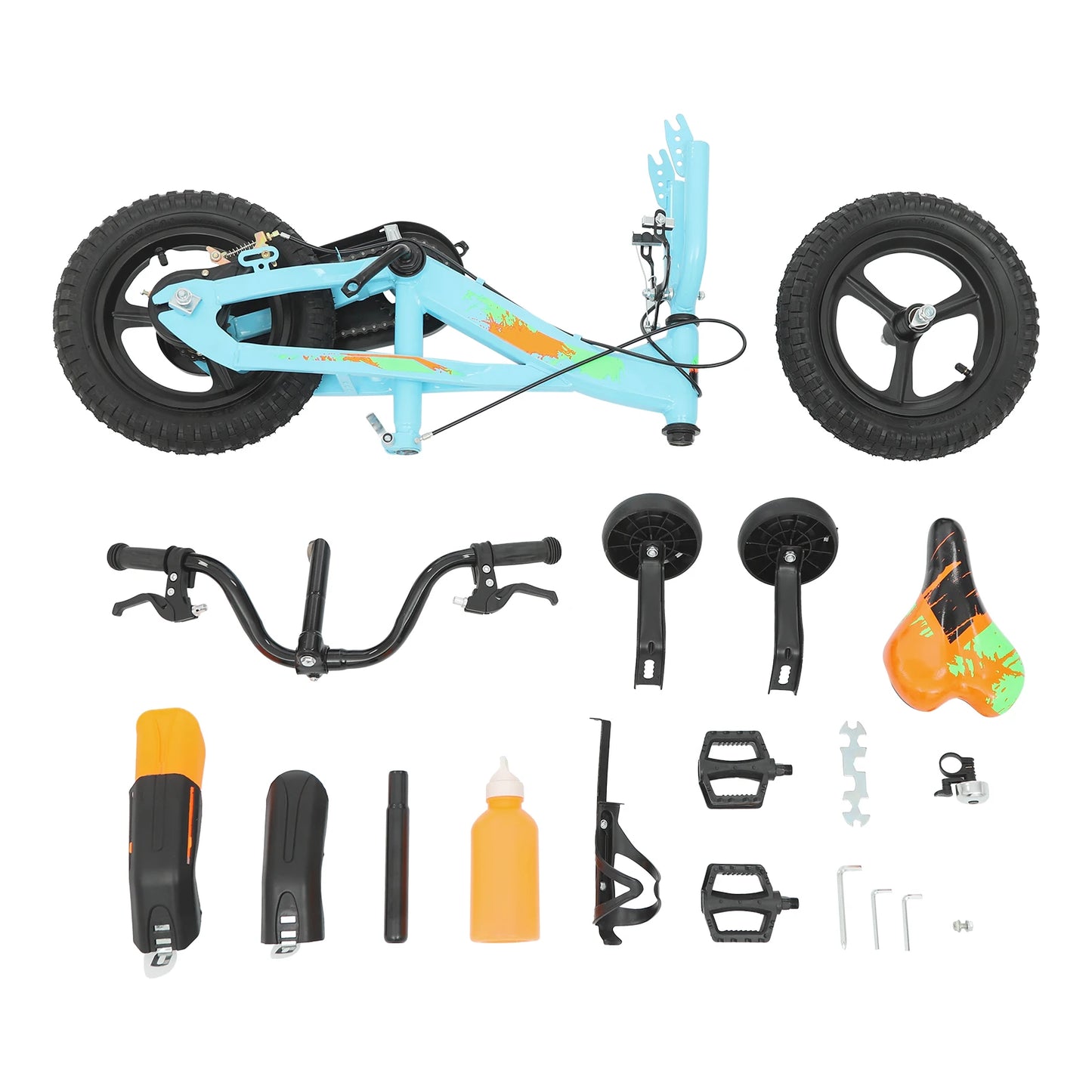 12 Inch Kids Bike Adjustable Beginner Children's Bicycle Load 50kg w/Training Wheels + Water Bottle for 2-5 Year Old, Blue/White