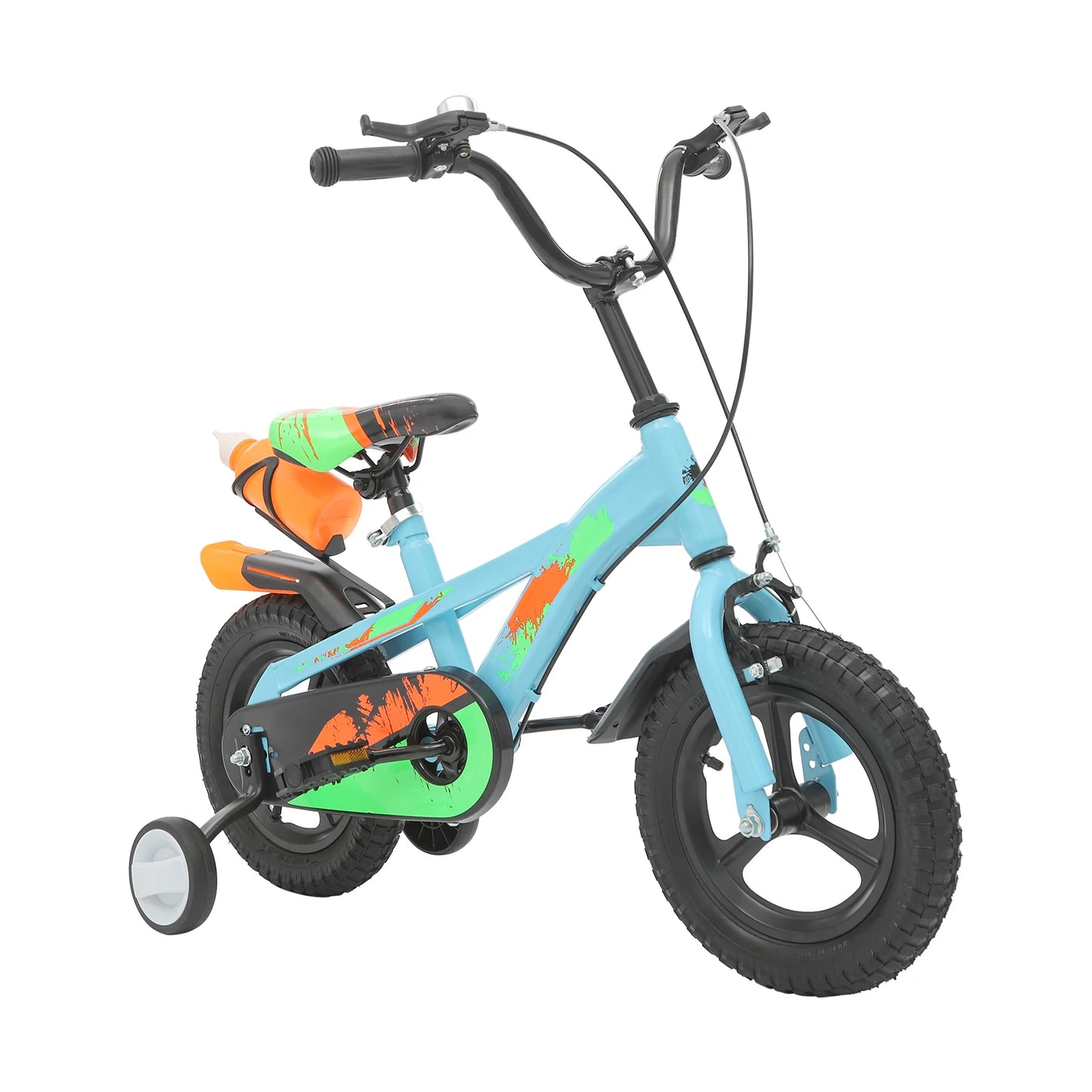 12 Inch Kids Bike Adjustable Beginner Children's Bicycle Load 50kg w/Training Wheels + Water Bottle for 2-5 Year Old, Blue/White