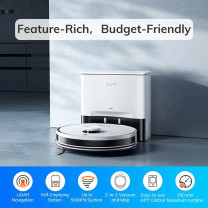 ILIFE A30 PRO 5000Pa Suction, Robot Vacuum and Mop Combo, Self emptying, 60 day capacity, App/remote, 180 minute running time