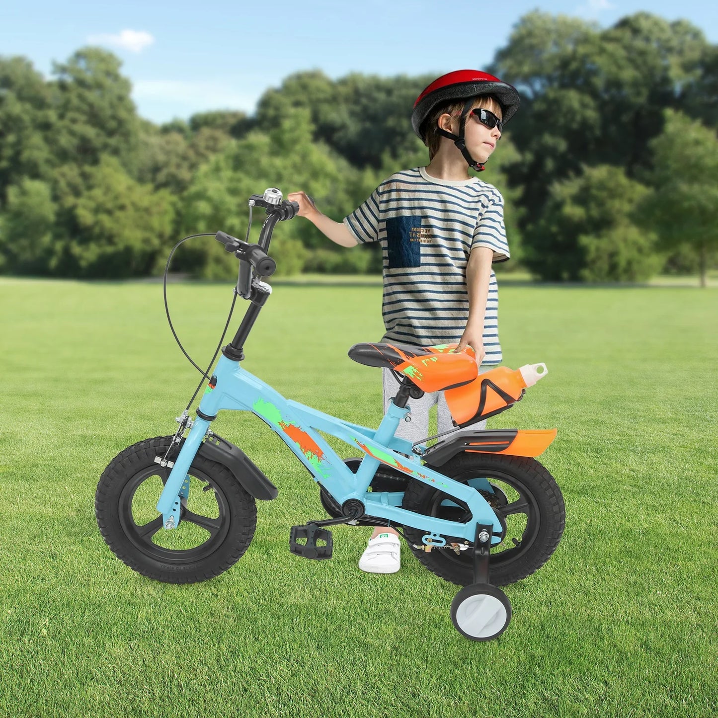 12 Inch Kids Bike Adjustable Beginner Children's Bicycle Load 50kg w/Training Wheels + Water Bottle for 2-5 Year Old, Blue/White