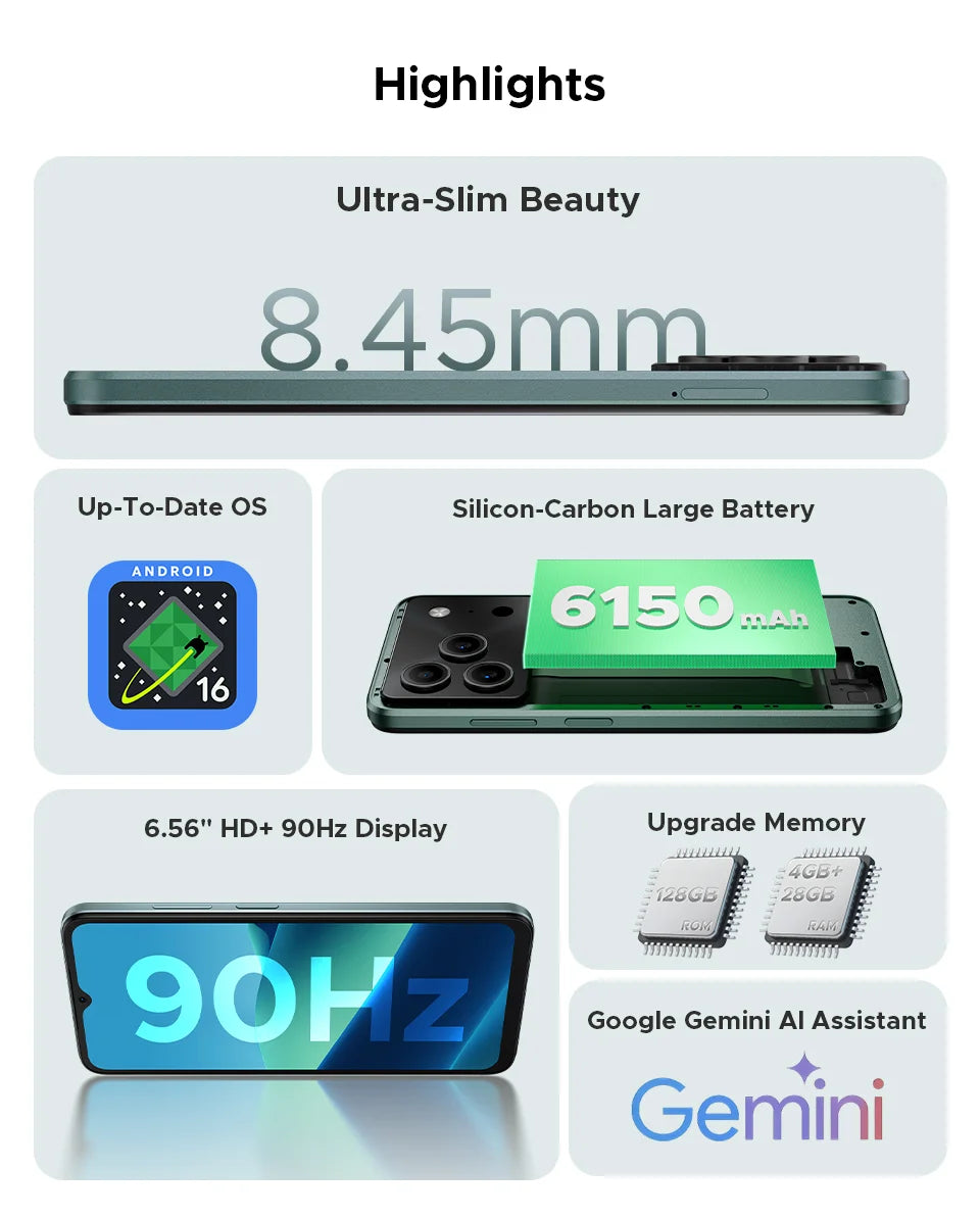 DOOGEE Note56 Pro Smartphone 32GB + 128GB Android 16 6150mAh Batteria 6.56 ''90Hz Schermo 13MP + 8MP Widevine L1 NFC Telefono cellulare