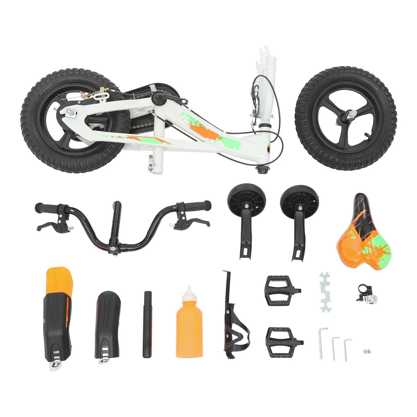 12 Inch Kids Bike Adjustable Beginner Children's Bicycle Load 50kg w/Training Wheels + Water Bottle for 2-5 Year Old, Blue/White