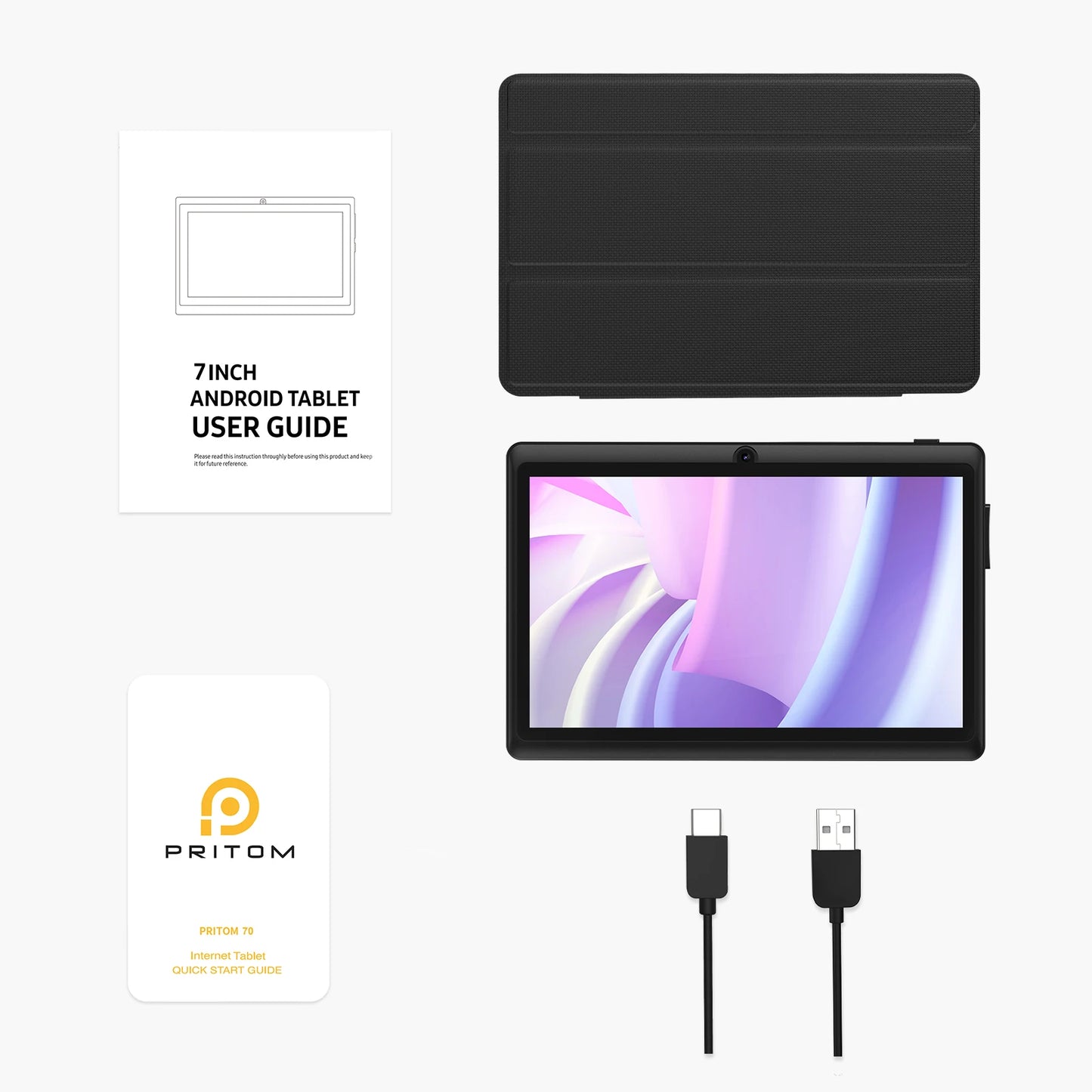 Pritom 7 Inch Tablet PC, Android 13 Quad Core, 4GB(2+2GB Virtual) RAM 32GB ROM, WiFi, Dual Camera, USB C, with Leather Case