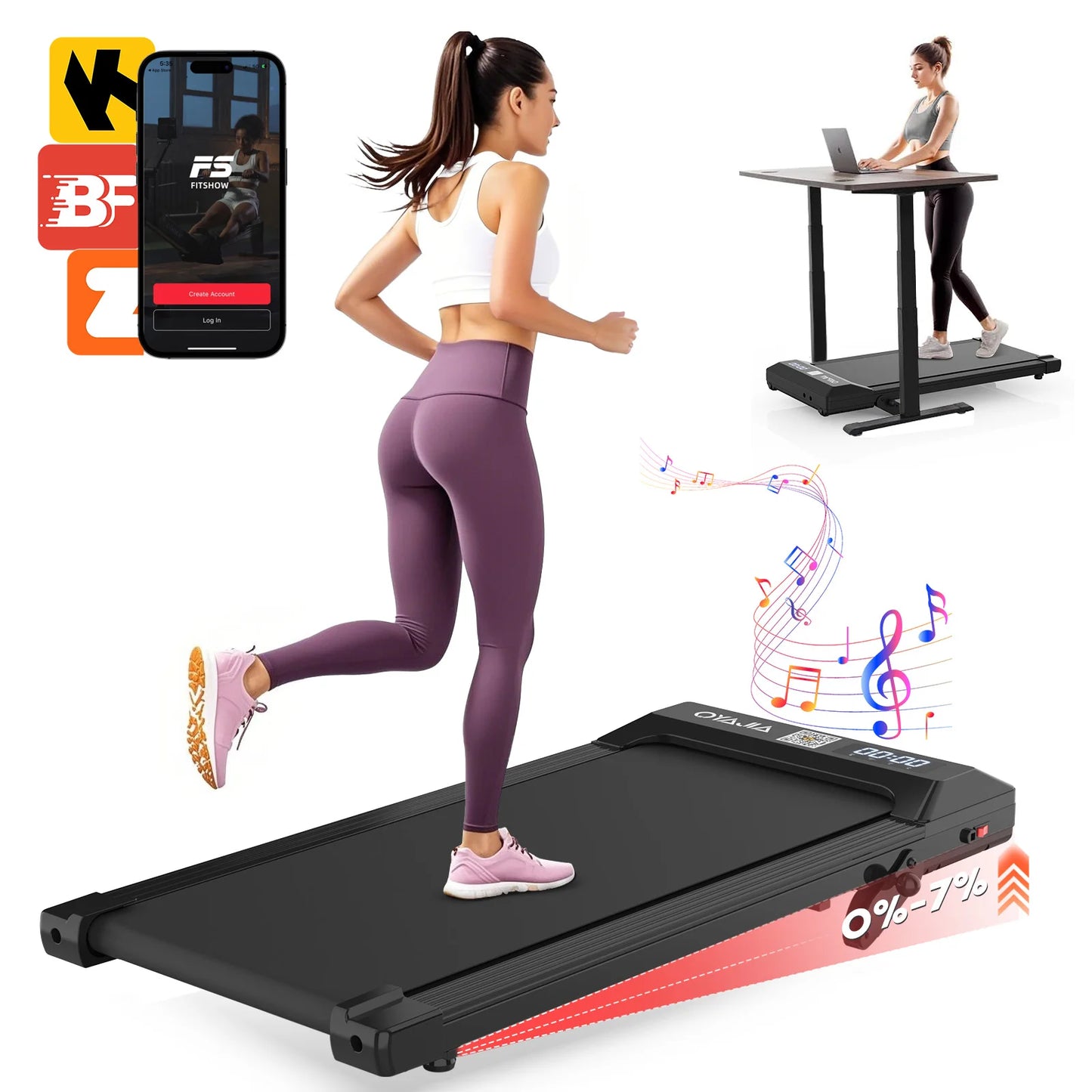 Treadmill with Remote, App & Button Control | LED Display | Safety Clip | Bluetooth Music | Quiet for Home/Office