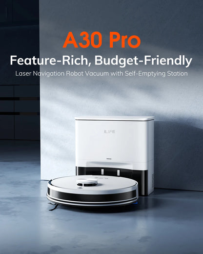 ILIFE A30 PRO 5000Pa Suction, Robot Vacuum and Mop Combo, Self emptying, 60 day capacity, App/remote, 180 minute running time