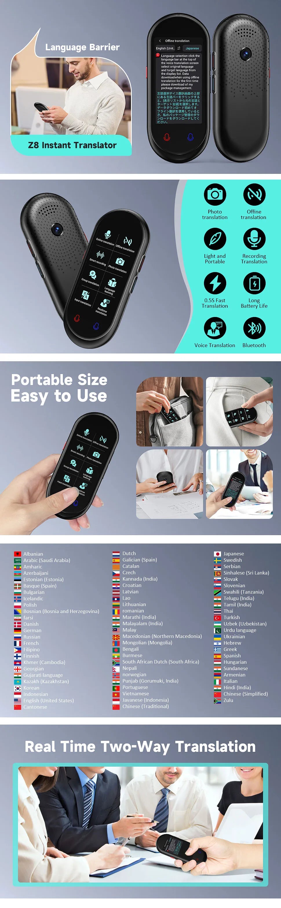 Z8 Instant Voice Translator Portable Real-time Translation Device with Photo Recording Group Chat for Travel Learning Meeting