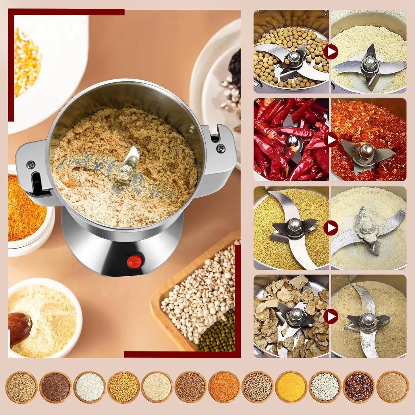 150g Mulino per farina elettrico 220V Grana di erbe Spezie Smerigliatrice per cereali, 28000r/min Smerigliatrice portatile Rettificatrice a 3 lame