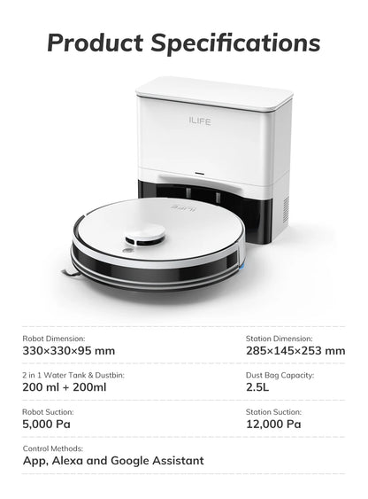 ILIFE A30 PRO 5000Pa Suction, Robot Vacuum and Mop Combo, Self emptying, 60 day capacity, App/remote, 180 minute running time