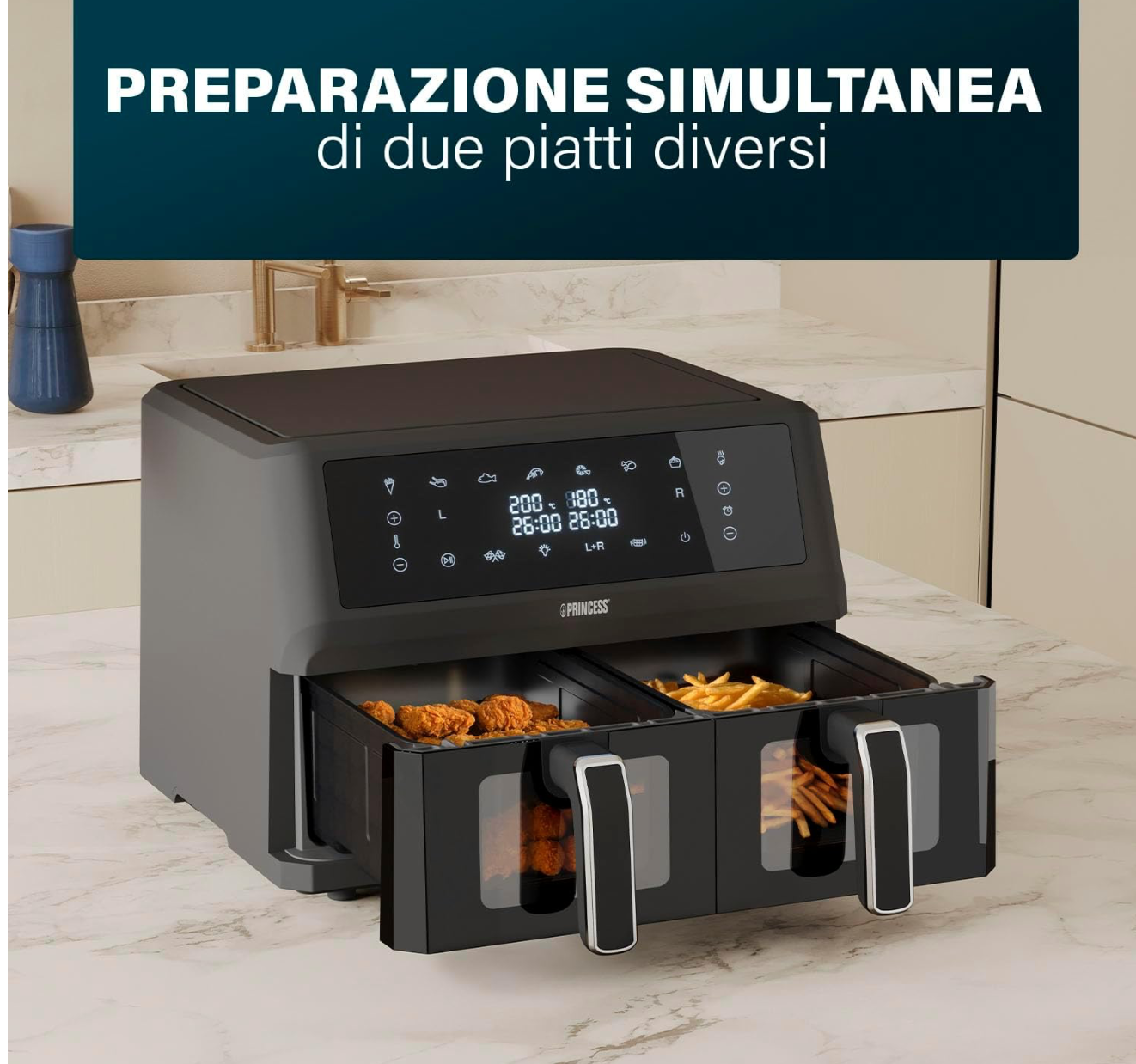 Princess XXL Friggitrice senza olio con doppio cestello - 11 L - Senza BPA e PFAS - 182276