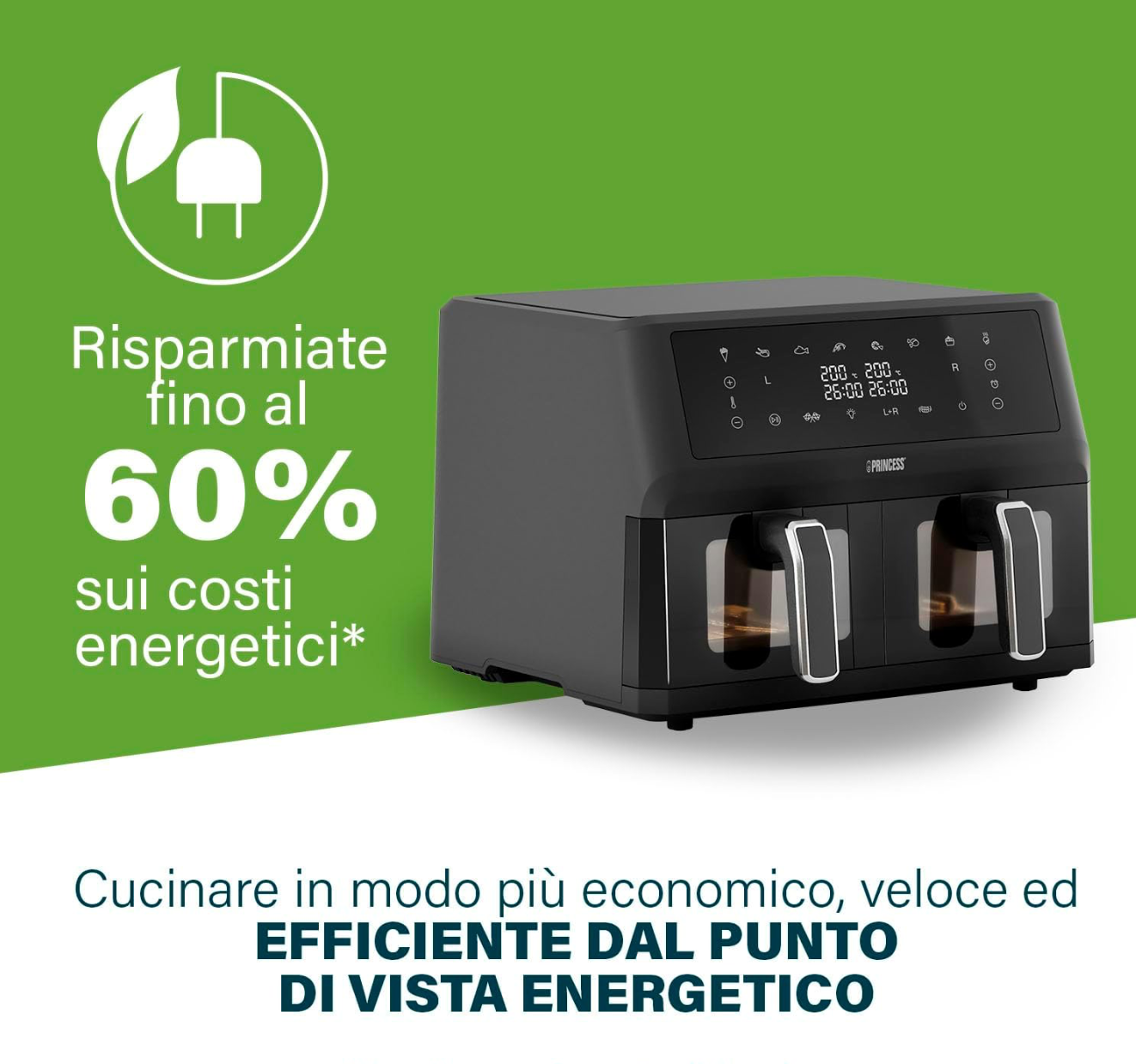 Princess XXL Friggitrice senza olio con doppio cestello - 11 L - Senza BPA e PFAS - 182276