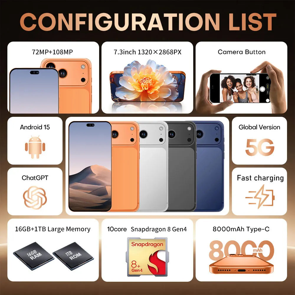 Hot New POTEZIONE For 17 Pro Max Smartphone 5G 7.3HD 22G +2TB Android Dual Card Dual 8000mAh Cell Phone Unlocked Mobile Phones Global