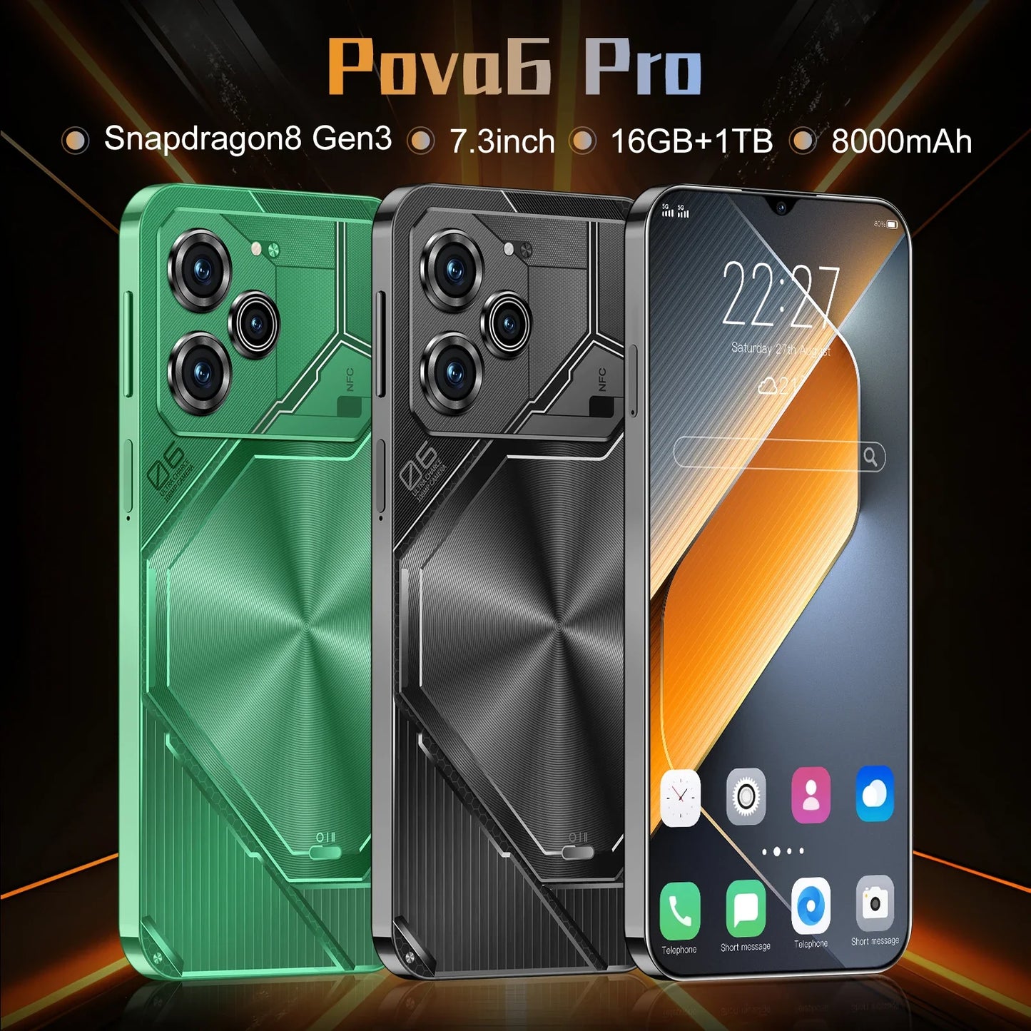 Global Pova 6 Pro Smartphone Schermo 7.3HD 22G + 2T Android14 10core 8000Mah Cellulare Dual Sim Face Sbloccato 5GMobile Phone NFC