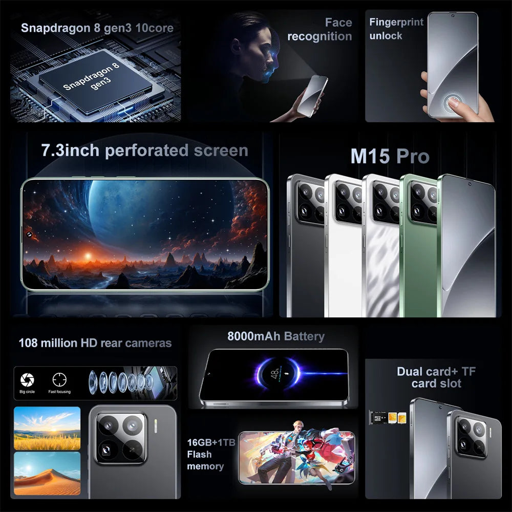 Brand New 14T Pro Smartphone 5G 7.3HD Dual SIM Card 22G+2TB Cell Phone 8000mAh Android Global Version Mobile Phones Cellphones