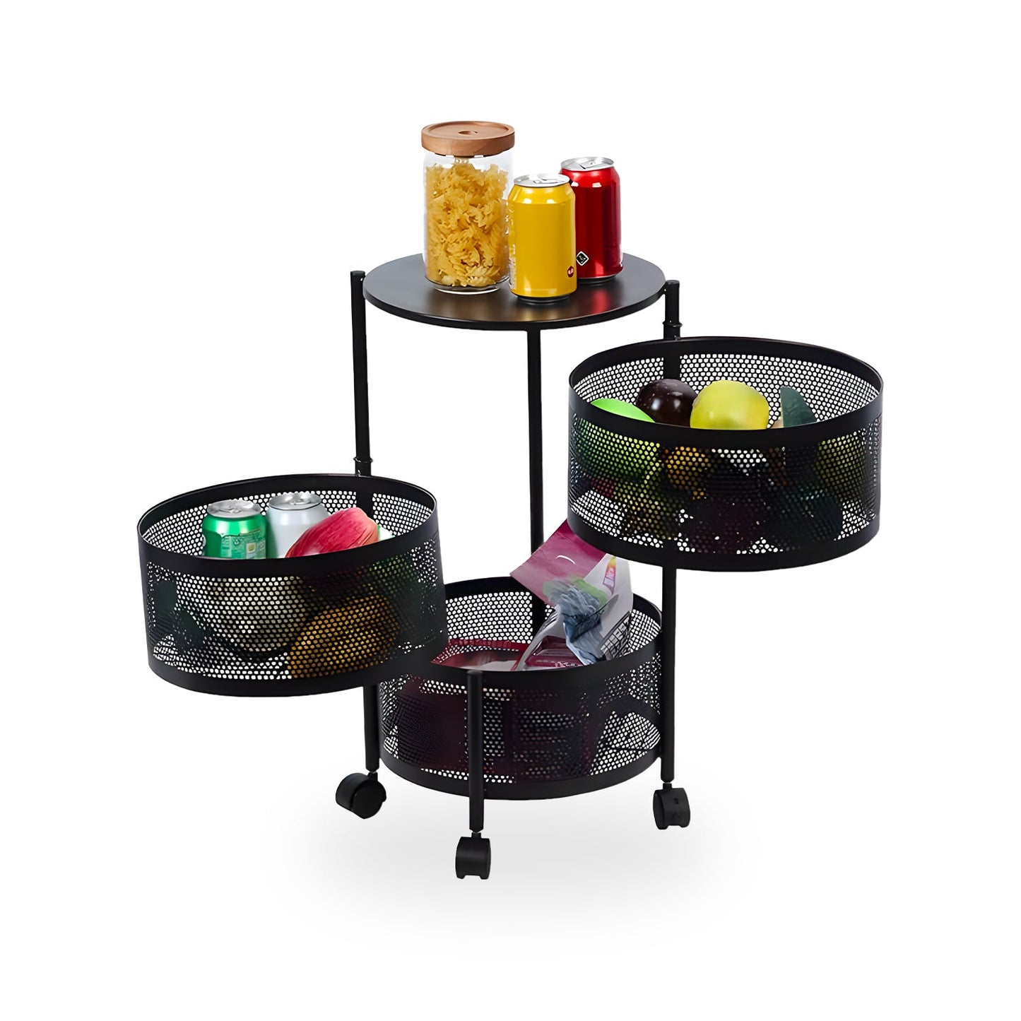 Carrello Pieghevole Multifunzione AVILIA con Ruote - 5 Cestelli Salvaspazio in Metallo, Nero