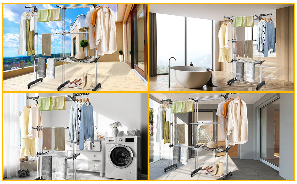 Stendibiancheria Torre Pieghevole 2 in 1 Estensibile 75-150 cm con 4 Livelli e Ruote