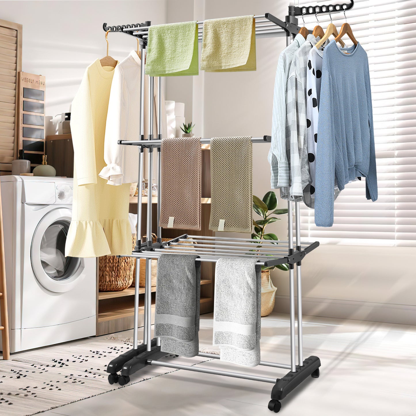 Stendibiancheria Torre Pieghevole 2 in 1 Estensibile 75-150 cm con 4 Livelli e Ruote