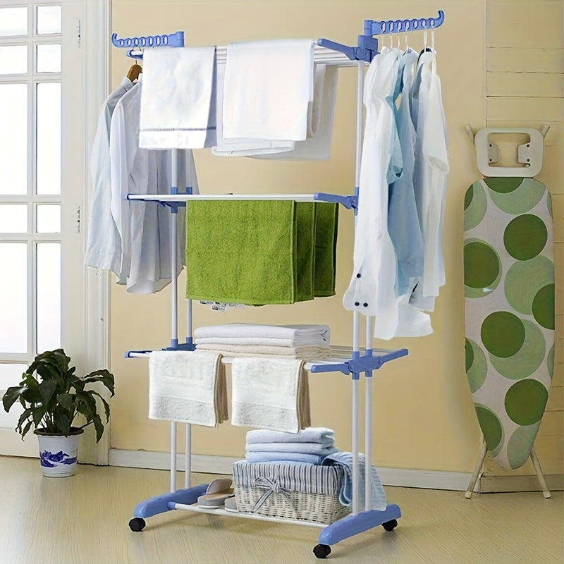 Stendibiancheria Pieghevole 3 Ripiani con Ruote - 172cm Metallo Resistente 24 Aste