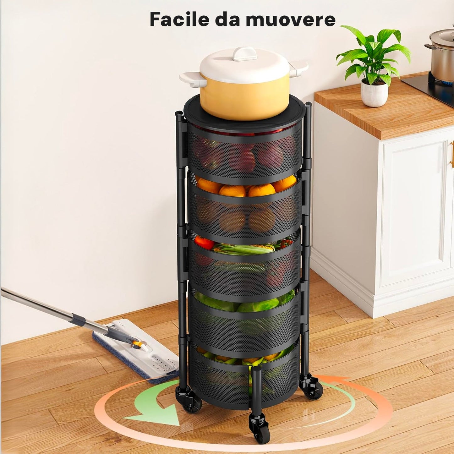 Carrello Pieghevole Multifunzione AVILIA con Ruote - 5 Cestelli Salvaspazio in Metallo, Nero