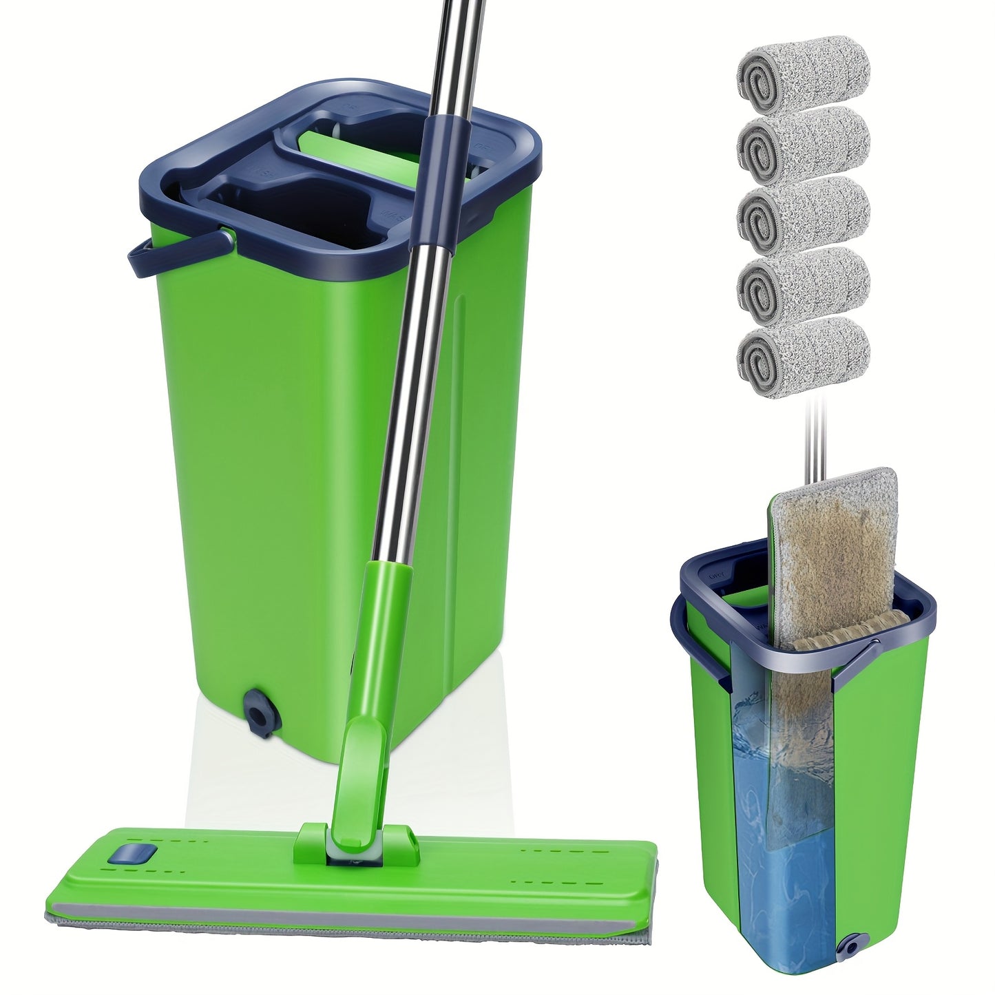 Sistema Mop Piatto con Secchio e 5 Panni in Microfibra - Testa Rotante 360° per Pulizia Pavimenti